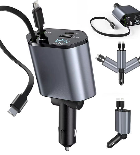 4 in 1 Retractable Car Charger, 100W Quick Charge with 2 USB Port, Retractable Iphone Charger & Tap-C Charger, Retractable Cable