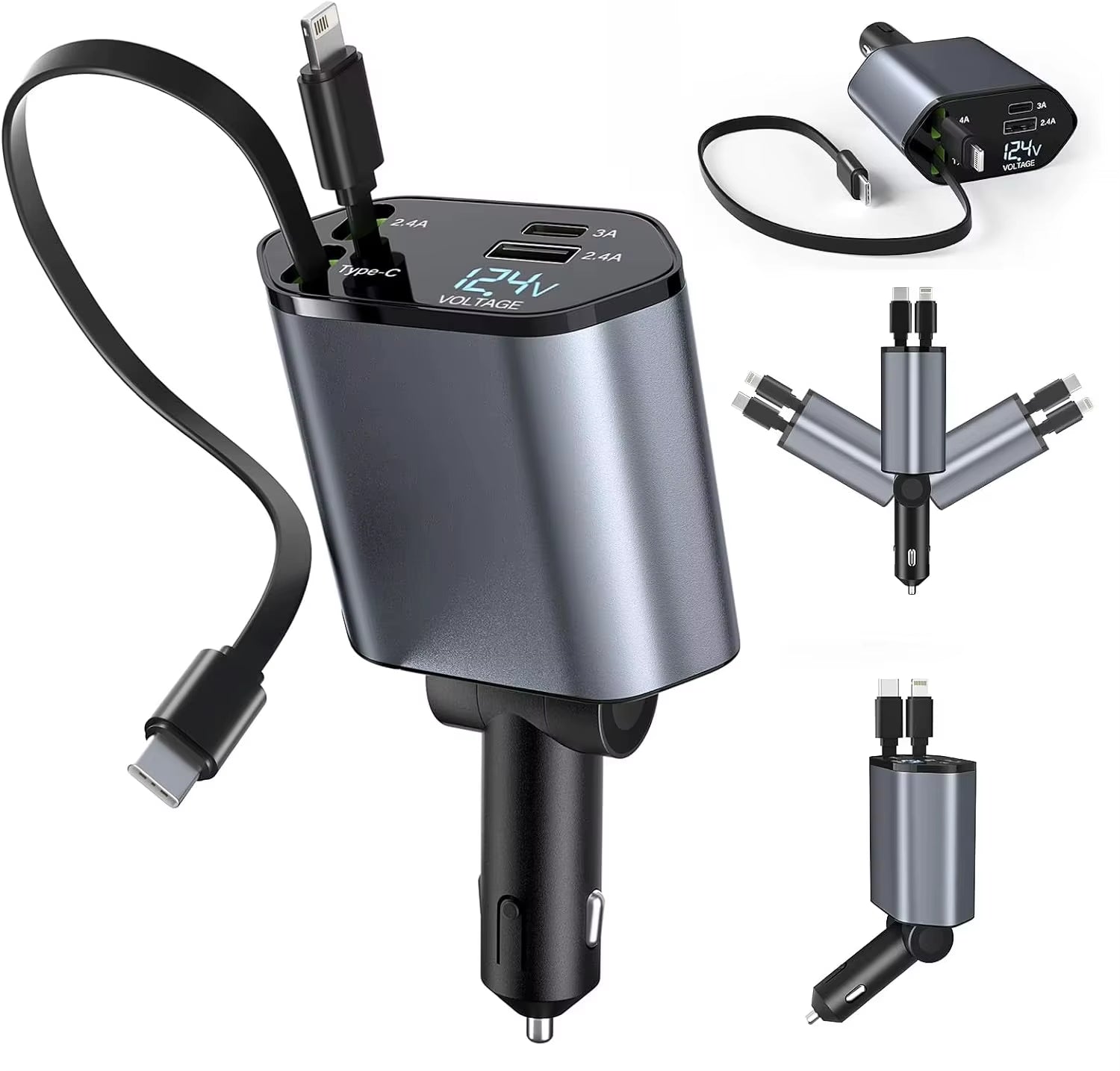 4 in 1 Retractable Car Charger, 100W Quick Charge with 2 USB Port, Retractable Iphone Charger & Tap-C Charger, Retractable Cable