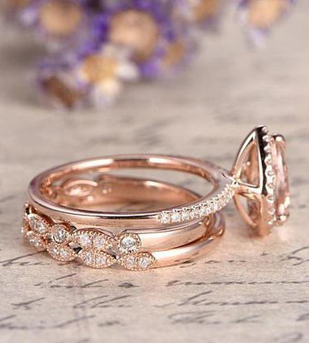 1.75 Carat Pear Cut Lab Created Morganite Art Deco Trio Bridal Set in 18K Rose Gold over Silver