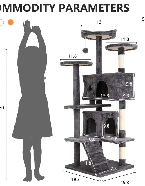 Load image into Gallery viewer, 54-In Double Condo Cat Tree Tower Playhouse with Scratching Post &amp; Perch for Indoor, Light Gray
