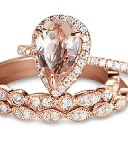 1.75 Carat Pear Cut Lab Created Morganite Art Deco Trio Bridal Set in 18K Rose Gold over Silver