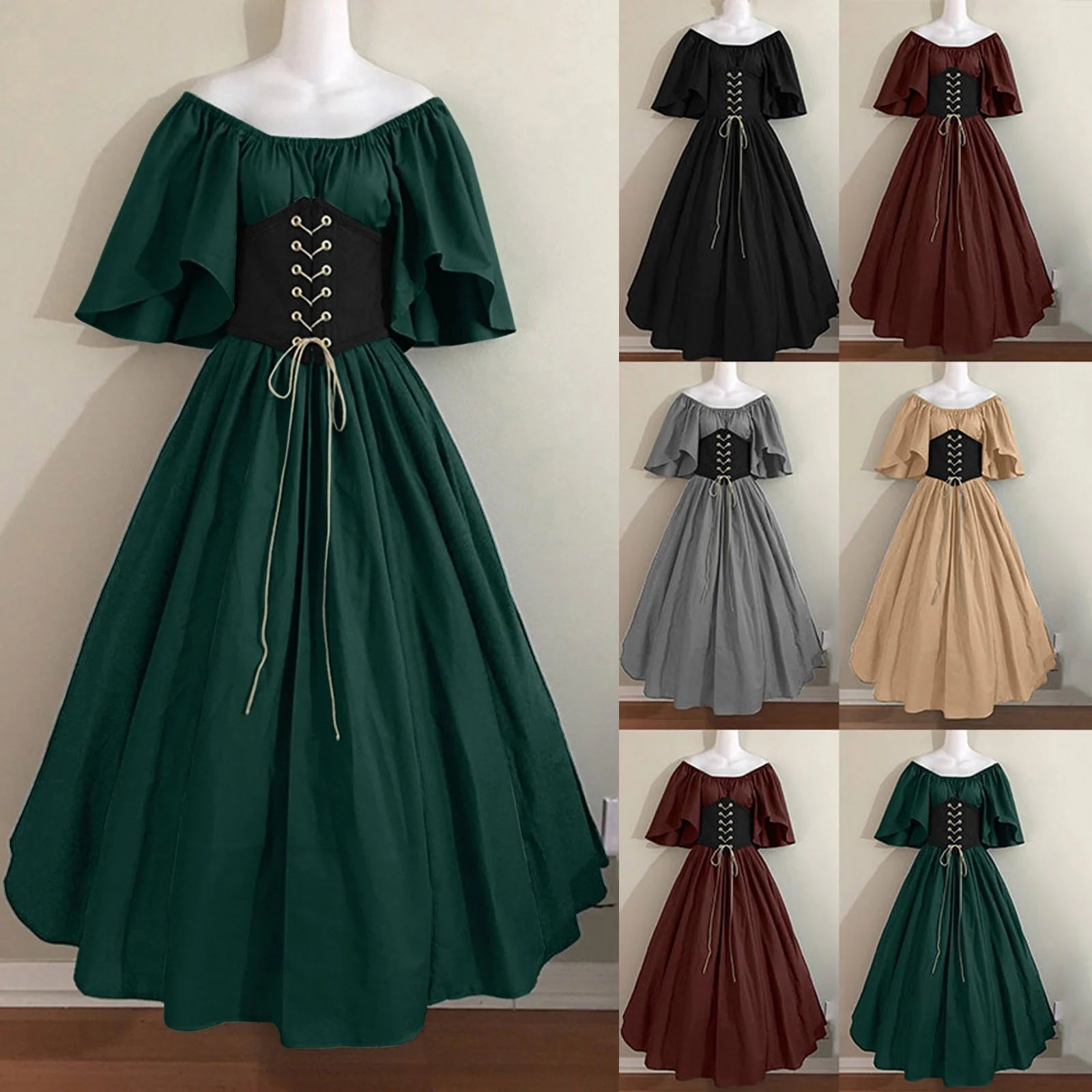 Womens Renaissance Costumes Medieval Irish Traditional plus Size Dresses Ruffle over Dress Corset Retro Cosplay Gown